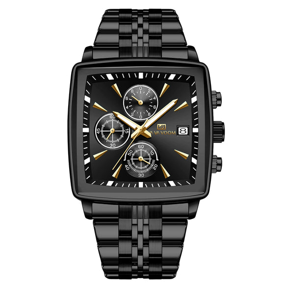 Multifunctional Business Men's Quartz Watch Alloy Case Stainless Steel Strap Square Dial Waterproof Luminous Calendar Threeeye Sixpin