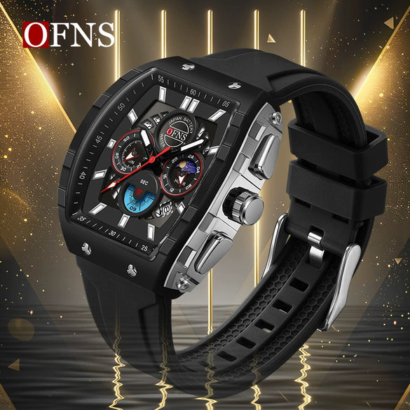 Multifunctional Chronograph Quartz Watch Abs Case Silicone Strap Wine Barrel Shape For Men