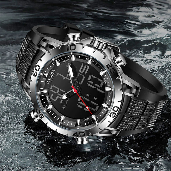 Multifunctional Double Display Sports Watch Metal Case Mineral Strengthened Glass Mirror Silicone Strap Round Dial For Men
