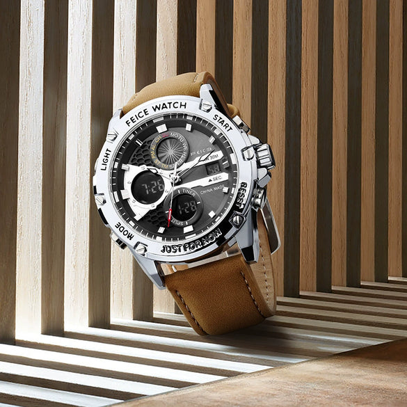 Multifunctional Dual Display Chronograph Luminous Large Dial Men's Watch Alloy Case Genuine Leather Strap Round Dial