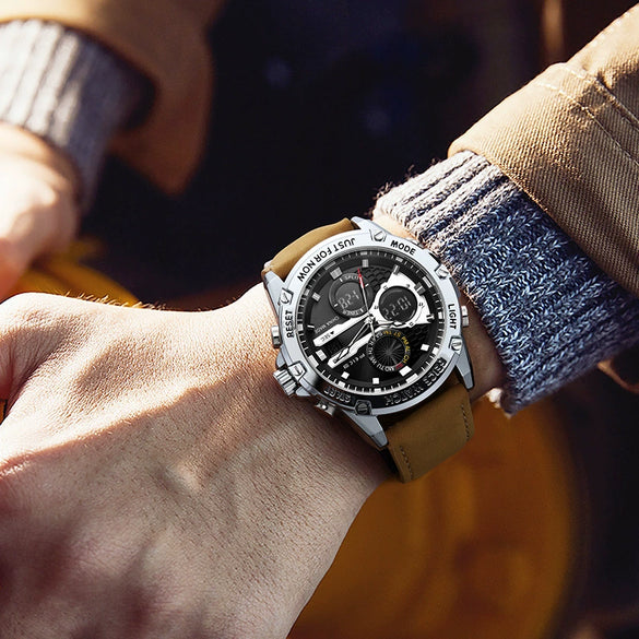 Multifunctional Dual Display Chronograph Luminous Large Dial Men's Watch Alloy Case Genuine Leather Strap Round Dial