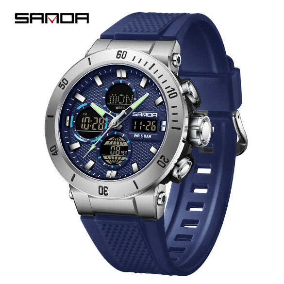 Multifunctional Electronic Men's Watch With Dual Display Round Dial Acrylic Mirror Tpu Strap Abs Material For Outdoor Sports