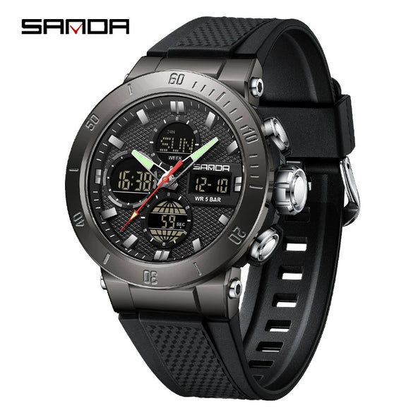 Multifunctional Electronic Men's Watch With Dual Display Round Dial Acrylic Mirror Tpu Strap Abs Material For Outdoor Sports