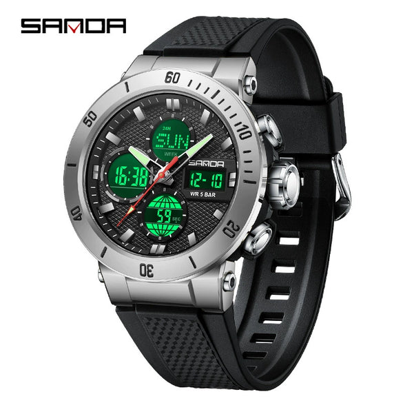 Multifunctional Electronic Men's Watch With Dual Display Round Dial Acrylic Mirror Tpu Strap Abs Material For Outdoor Sports