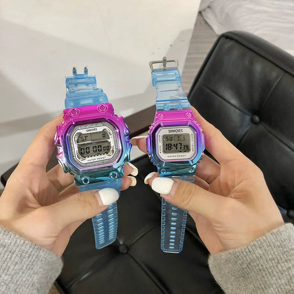 Multifunctional Electronic Watch Leisure Style Plastic Case Silicone Strap Gradient Color Luminous For High School Men And Women