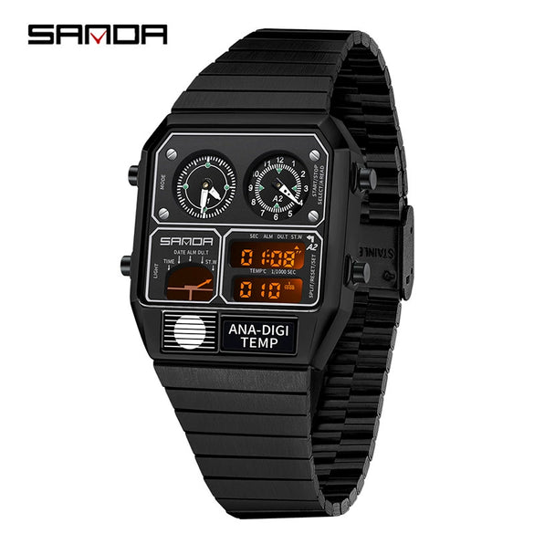Multifunctional Electronic Watch Square Zinc Alloy Case Steel Band Highend Style