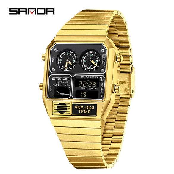 Multifunctional Electronic Watch Square Zinc Alloy Case Steel Band Highend Style