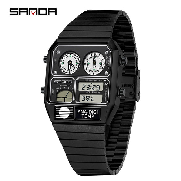 Multifunctional Electronic Watch Square Zinc Alloy Case Steel Band Highend Style