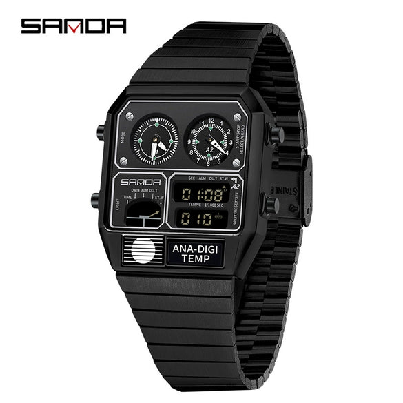 Multifunctional Electronic Watch Square Zinc Alloy Case Steel Band Highend Style