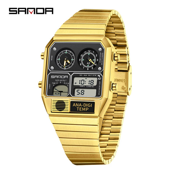 Multifunctional Electronic Watch Square Zinc Alloy Case Steel Band Highend Style