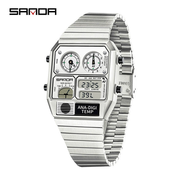 Multifunctional Electronic Watch Square Zinc Alloy Case Steel Band Highend Style
