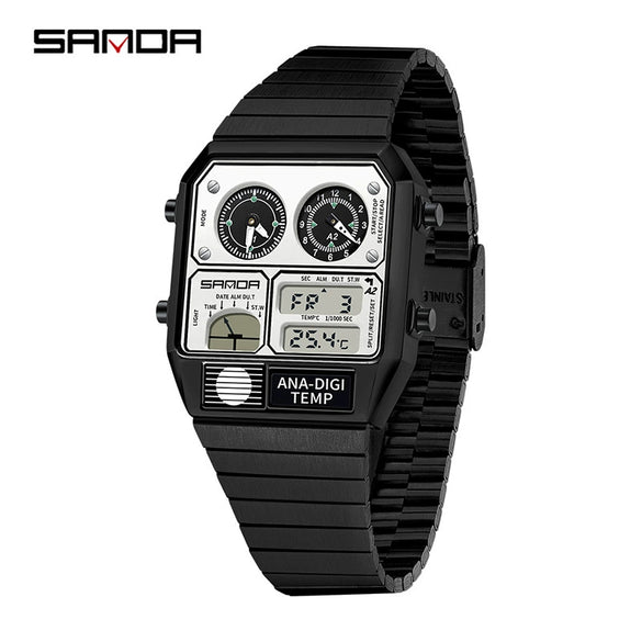 Multifunctional Electronic Watch Square Zinc Alloy Case Steel Band Highend Style