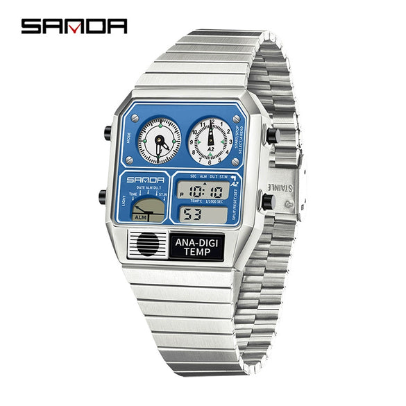 Multifunctional Electronic Watch Square Zinc Alloy Case Steel Band Highend Style