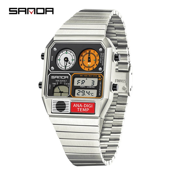 Multifunctional Electronic Watch Square Zinc Alloy Case Steel Band Highend Style