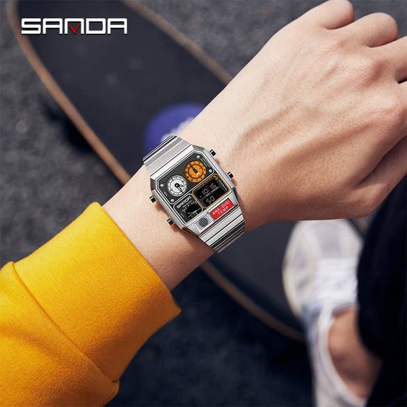 Multifunctional Electronic Watch Square Zinc Alloy Case Steel Band Highend Style