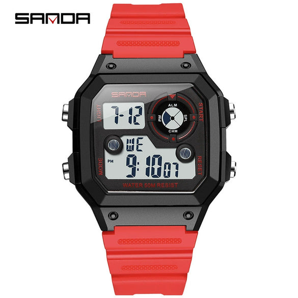Multifunctional Electronic Waterproof Sports Watch Resin Stainless Steel Round For Men