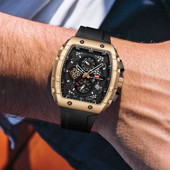 Multifunctional Fashion Business Waterproof Nonautomatic Mechanical Watch Alloy Case Stainless Steel Buckle Silicone Strap Mineral Reinforced Glass Mirror Square Dial