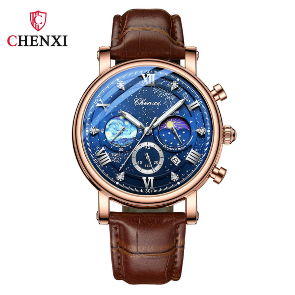 Multifunctional Fashion Men's Alloy Case Genuine Leather Strap Round Dial Quartz Watch With Luminous Chronograph Calendar