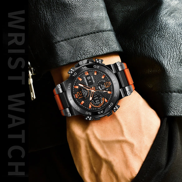 Multifunctional Fashion Sports Watch Waterproof Luminous Dual Display Alloy Alloy Case Silicone Strap Mineral Reinforced Mirror Round Dial Minimalist Style For Men