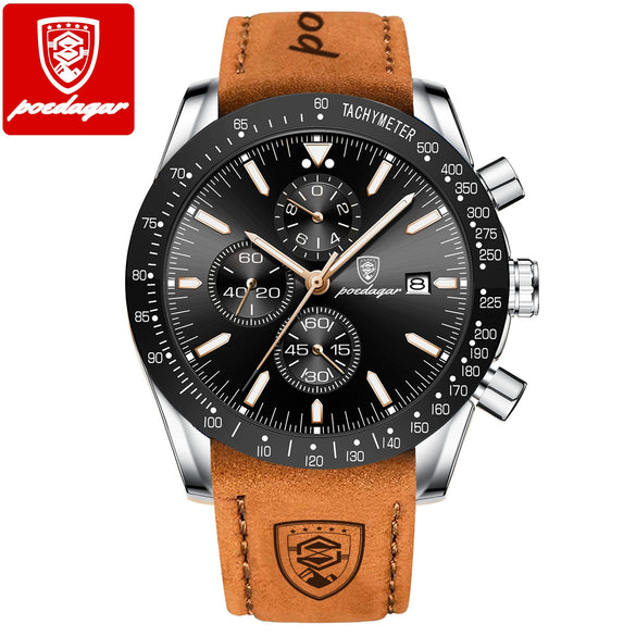 Multifunctional Luminous Men's Alloy And Genuine Leather Quartz Watch With Round Dial And Sport Style