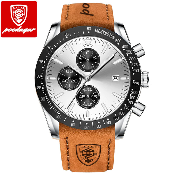 Multifunctional Luminous Men's Alloy And Genuine Leather Quartz Watch With Round Dial And Sport Style