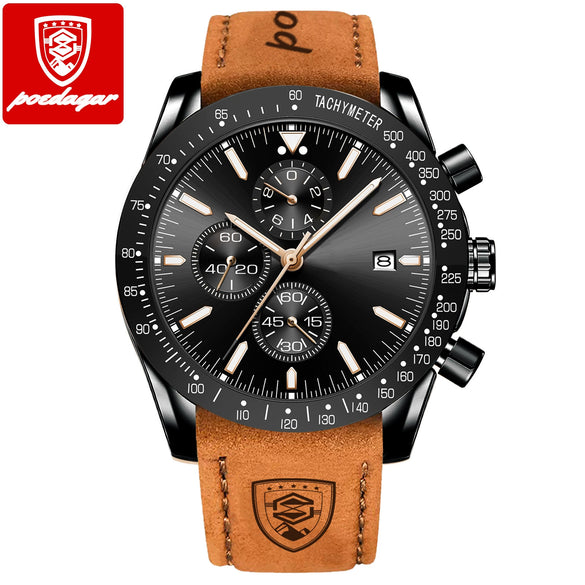 Multifunctional Luminous Men's Alloy And Genuine Leather Quartz Watch With Round Dial And Sport Style