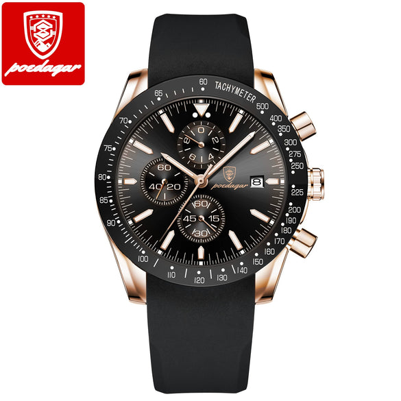 Multifunctional Luminous Men's Alloy And Genuine Leather Quartz Watch With Round Dial And Sport Style