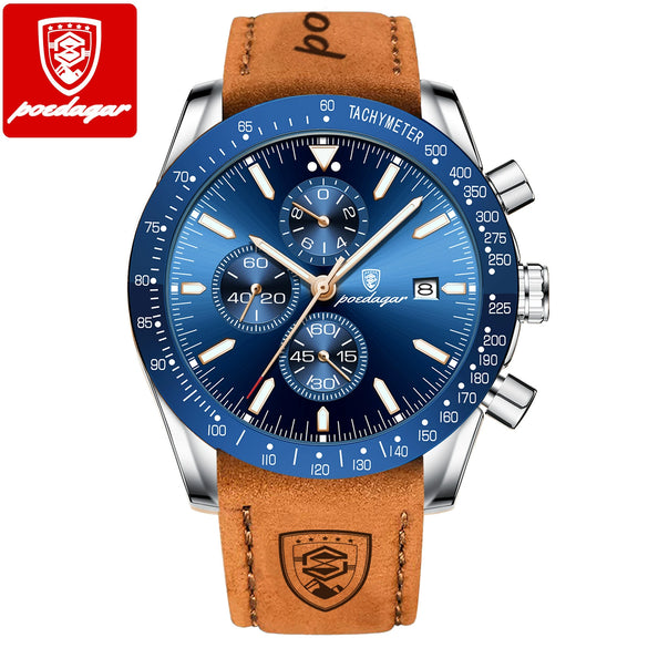 Multifunctional Luminous Men's Alloy And Genuine Leather Quartz Watch With Round Dial And Sport Style