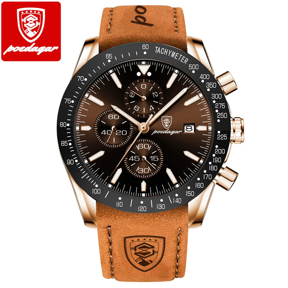 Multifunctional Luminous Men's Alloy And Genuine Leather Quartz Watch With Round Dial And Sport Style