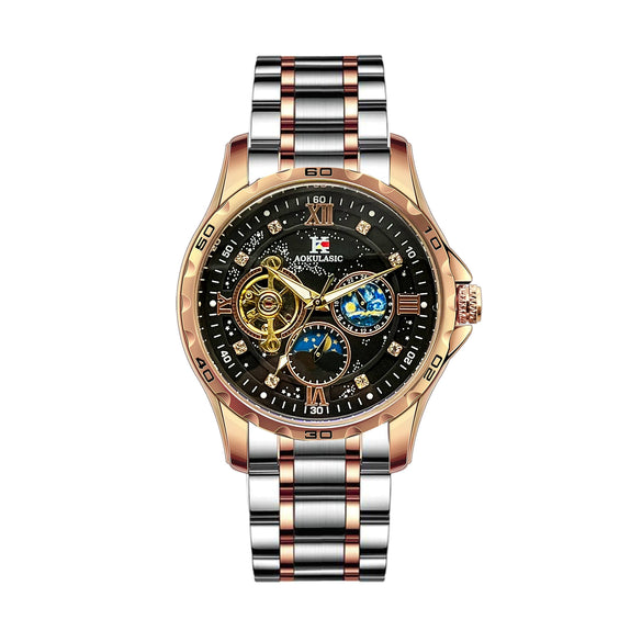 Multifunctional Men's Fully Automatic Mechanical Watch With Luminous Waterproof Moon Phase Round Dial Hollow Design Alloy Case Stainless Steel Strap And Butterfly Clasp