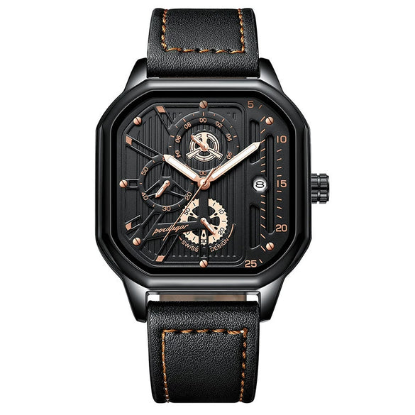 Multifunctional Men's Quartz Watch With Alloy Case Genuine Leather Strap And Square Dial