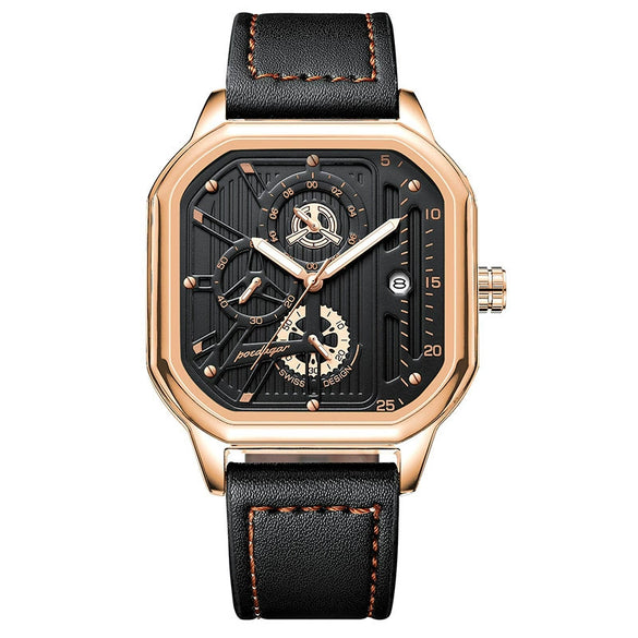 Multifunctional Men's Quartz Watch With Alloy Case Genuine Leather Strap And Square Dial