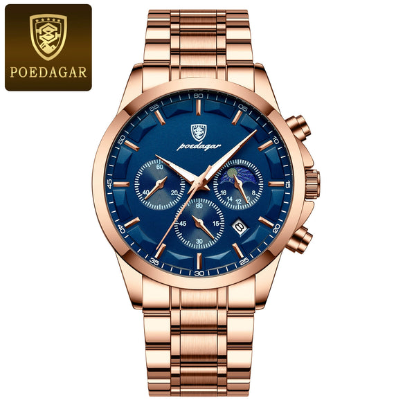 Multifunctional Men's Stainless Steel Band Quartz Watch With Round Dial And Onion Crown Leisure Style