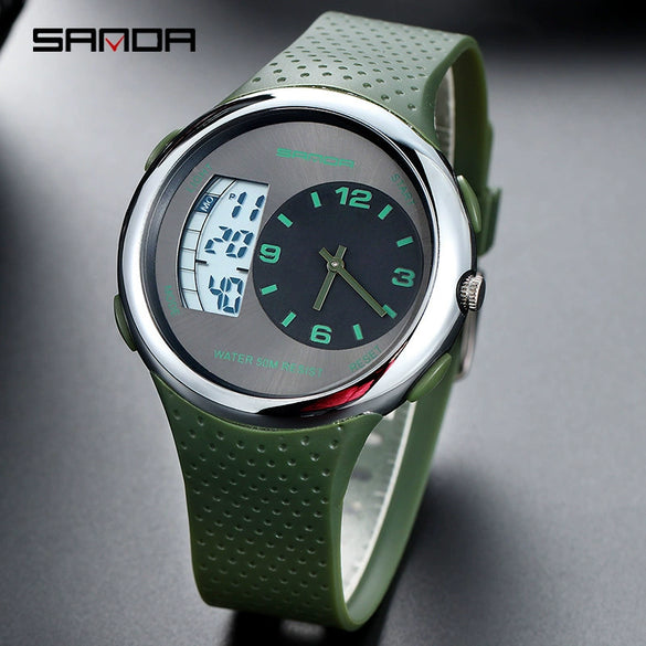 Multifunctional Outdoor Sports Watch Plastic Strap Stainless Steel Clasp Round Dial Resin Case