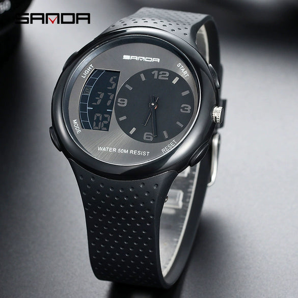 Multifunctional Outdoor Sports Watch Plastic Strap Stainless Steel Clasp Round Dial Resin Case