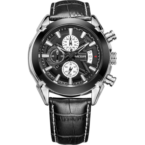 Multifunctional Quartz Men's Watch Alloy Case Genuine Leather Strap Round Dial