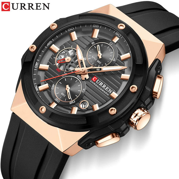 Multifunctional Silicone Band Sport Calendar Waterproof Casual Men's Alloy Case Ordinary Glass Mirror Round Dial Business Style Watch