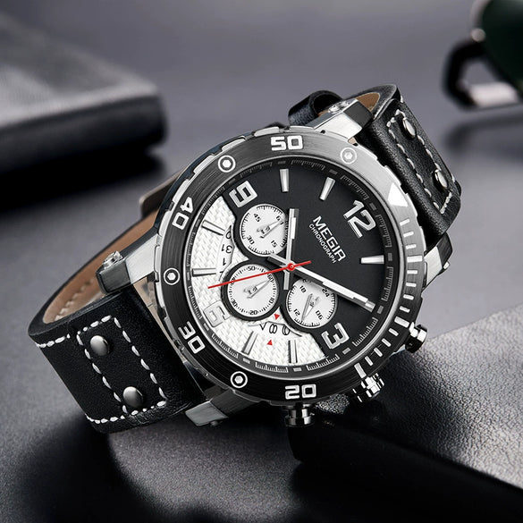 Multifunctional Sports Chronograph Calendar Luminous Waterproof Men's Watch Alloy Case Genuine Leather Strap Mineral Strengthened Glass Mirror