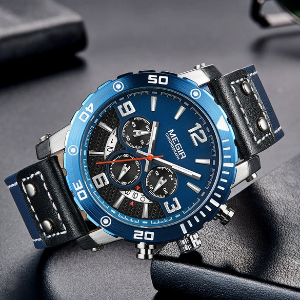 Multifunctional Sports Chronograph Calendar Luminous Waterproof Men's Watch Alloy Case Genuine Leather Strap Mineral Strengthened Glass Mirror