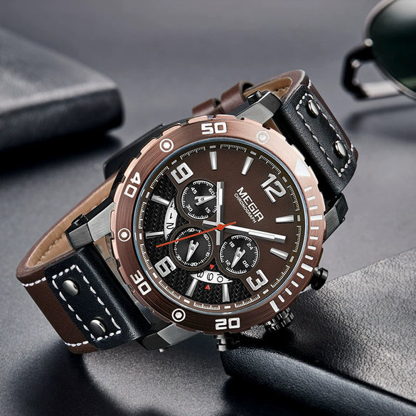 Multifunctional Sports Chronograph Calendar Luminous Waterproof Men's Watch Alloy Case Genuine Leather Strap Mineral Strengthened Glass Mirror