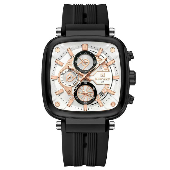 Multifunctional Sports Quartz Men's Watch With Silicone Strap Square Shape Waterproof Sixpin Chronograph Alloy Case Mineral Reinforced Mirror Stainless Steel Buckle