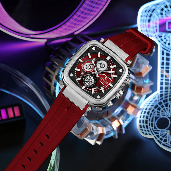 Multifunctional Sports Quartz Men's Watch With Silicone Strap Square Shape Waterproof Sixpin Chronograph Alloy Case Mineral Reinforced Mirror Stainless Steel Buckle