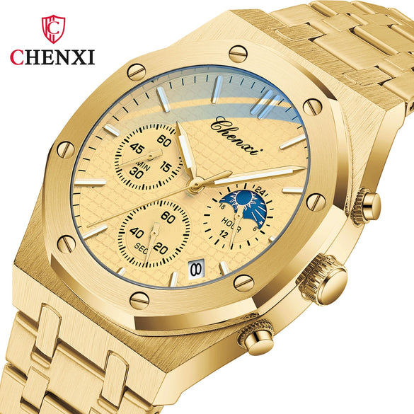 Multifunctional Sports Watch Men's Alloy Case Stainless Steel Band Octagon Dial Waterproof Quartz Watch
