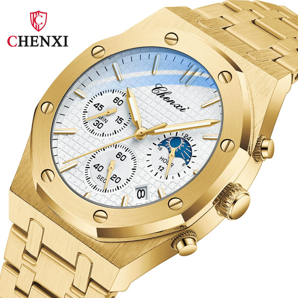 Multifunctional Sports Watch Men's Alloy Case Stainless Steel Band Octagon Dial Waterproof Quartz Watch