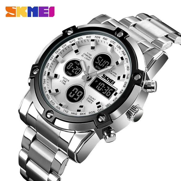 Multifunctional Stainless Steel Belt Waterproof Men's Leisure Square Dial Double Luminous Chronograph Sports Electronic Watch
