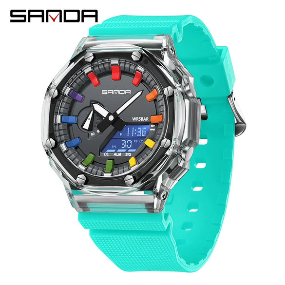 Multifunctional Transparent Fashion Sports Watch Tpu Strap Abs Case Acrylic Mirror Round Dial