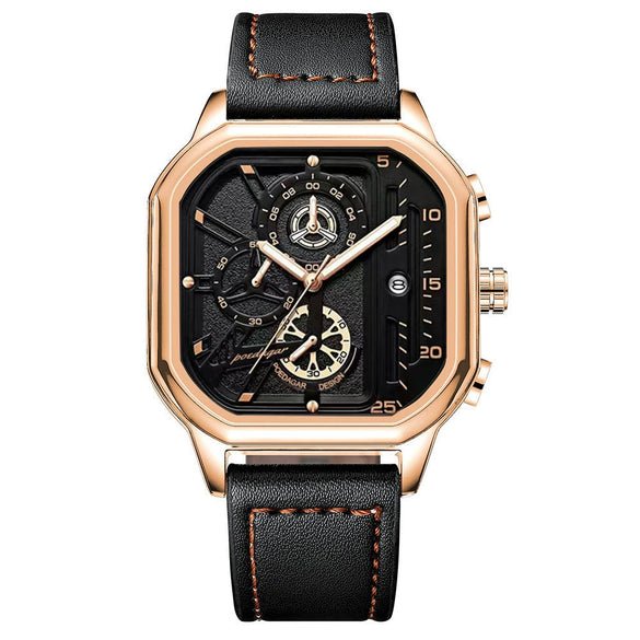 Multifunctional Waterproof Luminous Quartz Men's Watch Alloy Case Genuine Leather Strap Square Dial