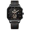 Multifunctional Waterproof Luminous Quartz Men's Watch Alloy Case Genuine Leather Strap Square Dial