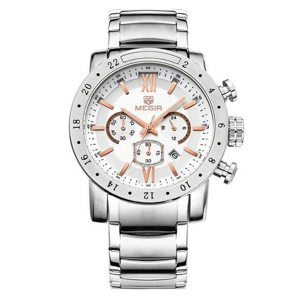 Multifunctional Waterproof Luminous Quartz Men's Watch Alloy Case Stainless Steel Strap Mineral Strengthened Glass Mirror Round Dial