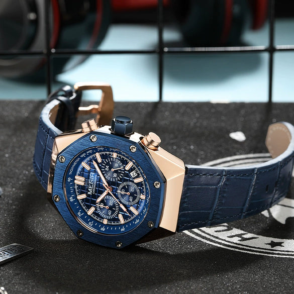 Multifunctional Waterproof Quartz Men's Watch With Rhombus Dial Leather And Solid Steel Strip Strap Alloy Case And Mineral Strengthened Mirror